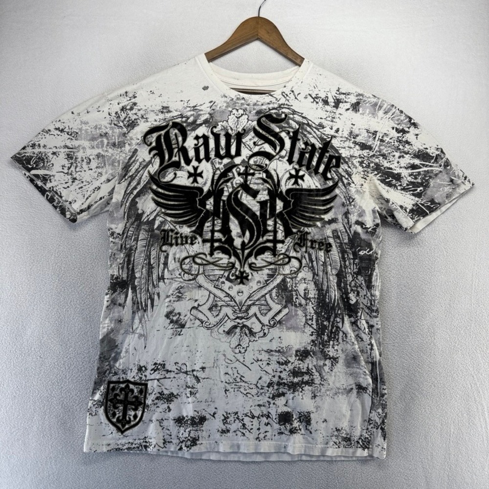 Vintage Raw State Shirt Men's XXL White Graphic Cross Wings Gothic Y2K Biker